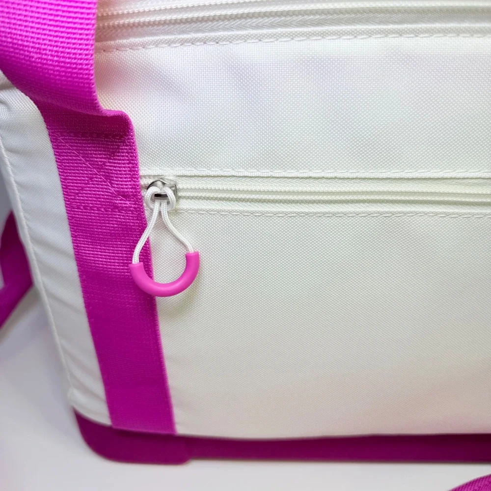 Pink and White Insulated Soft Cooler Bag with Cup Holders and Shoulder Strap